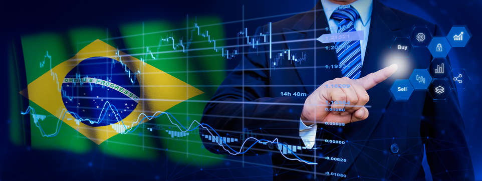 Businessman touching data analytics process system with KPI financial charts, dashboard of stock and marketing on virtual interface. With Brazil flag in background.