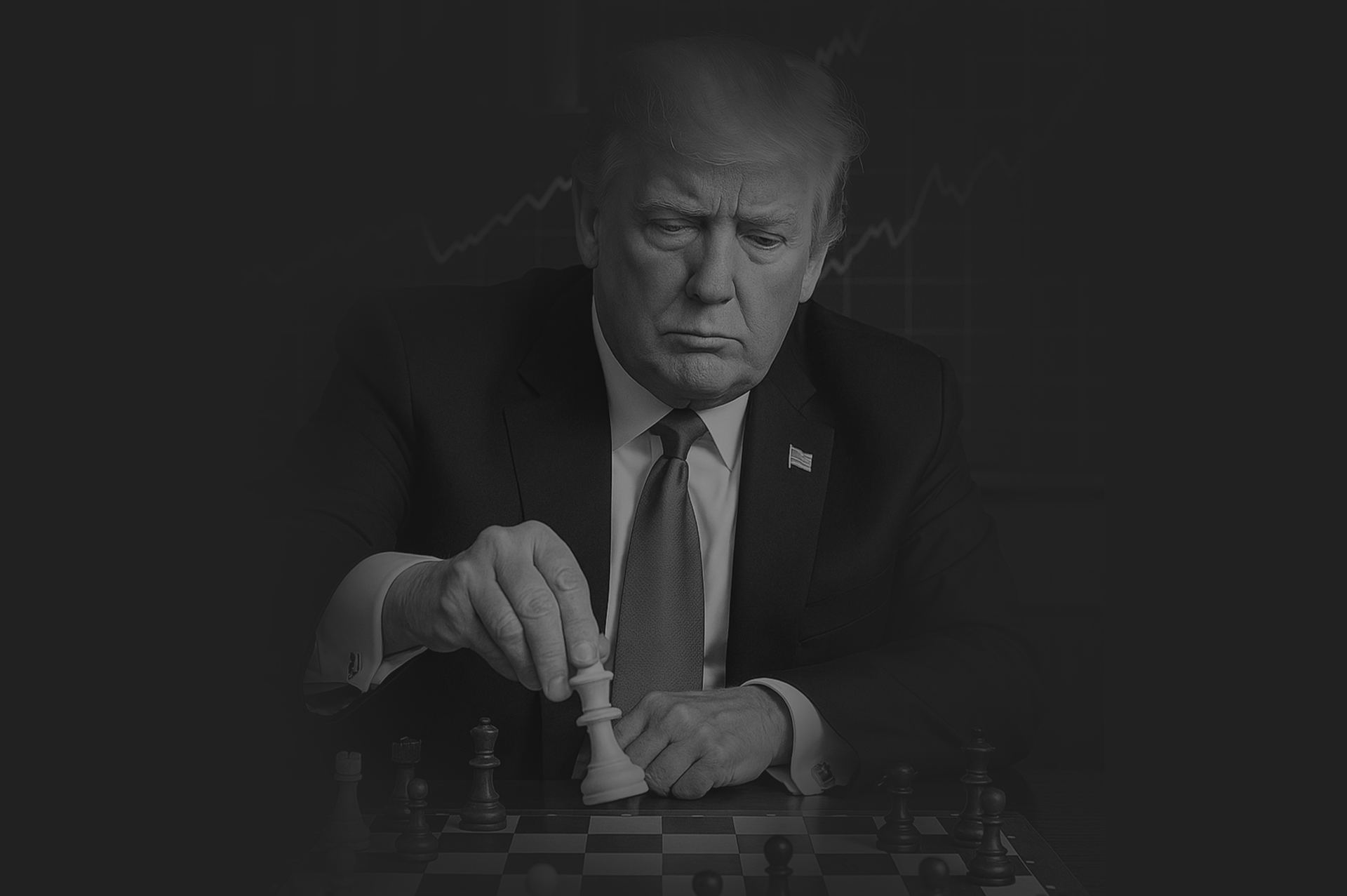 Presidente dos Estados Unidos, Donald Trump, jogando xadrez, uma referência ao anúncio de tarifas agressivas de importação